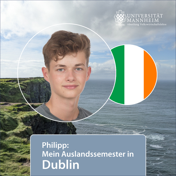 Portrait eines Studenten und Anschnitt der Irischen Flagge vor dem Hintergrund der Irischen Küste. Text: Phililpp, Mein Auslandssemester in Dublin