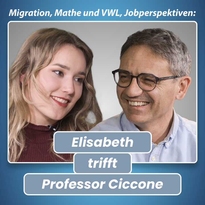 Das Bild zeigt links ein Portrait von Studentin Elisabeth, rechts ein Portrait von Professor Ciccone, davor den Text "Elisabeth trifft Professor Ciccone".