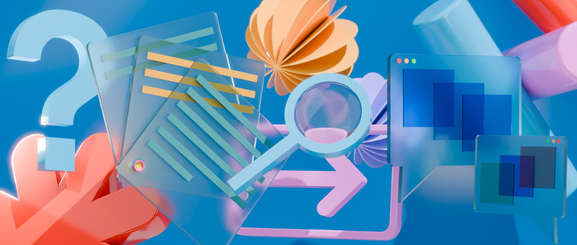 Grafik aus verschiedenen im Raum schwebenden Symbolen wie Fragezeichen, Lupe, Klemmbrett und Sprechblase.