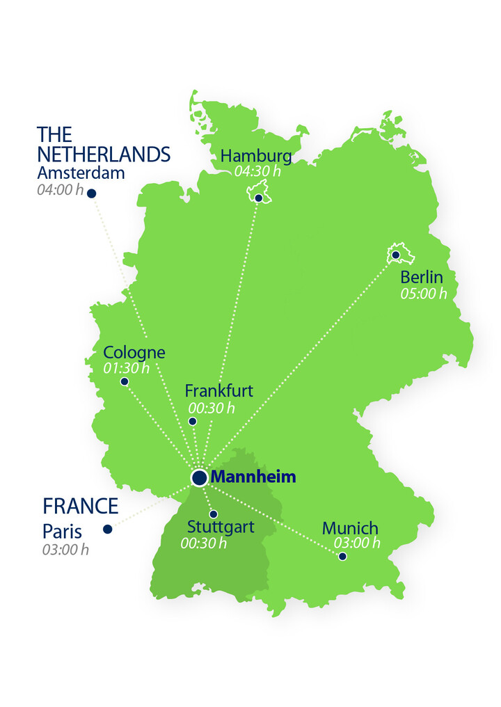 Eine grüne Deutschlandkarte. Einige Städte sind markiert und deren Fahrzeiten zur Stadt Mannheim sind angegeben.