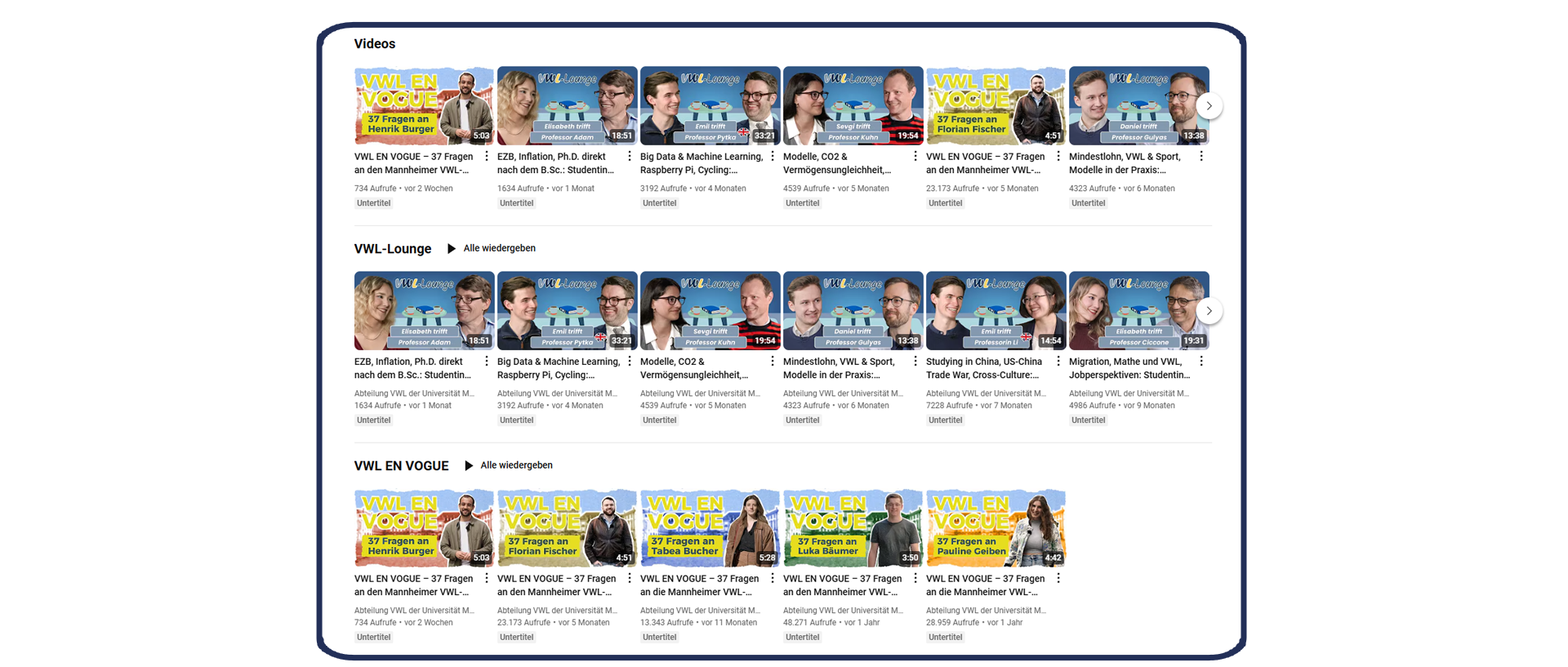 Ausschnitt aus dem YouTube-Feed der Abteilung VWL.