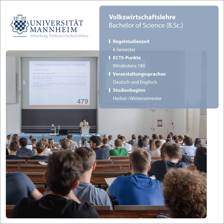 Bild von der ersten Umschlagseite eines Studiengangflyers. Blick aus der hinteren Reihe in einen Hörsaal mit Vorlesungsbetrieb.
