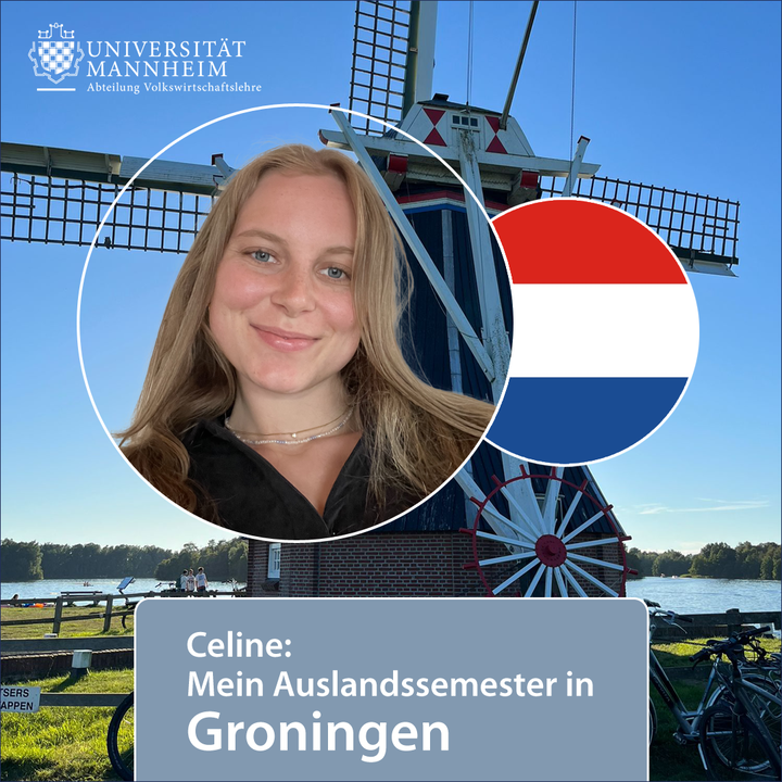 Portrait einer Studentin und Anschnitt der Niederländischen Flagge vor dem Hintergrund einer Windmühle auf dem Land. Text: Celine, mein Auslandssemester in Groningen