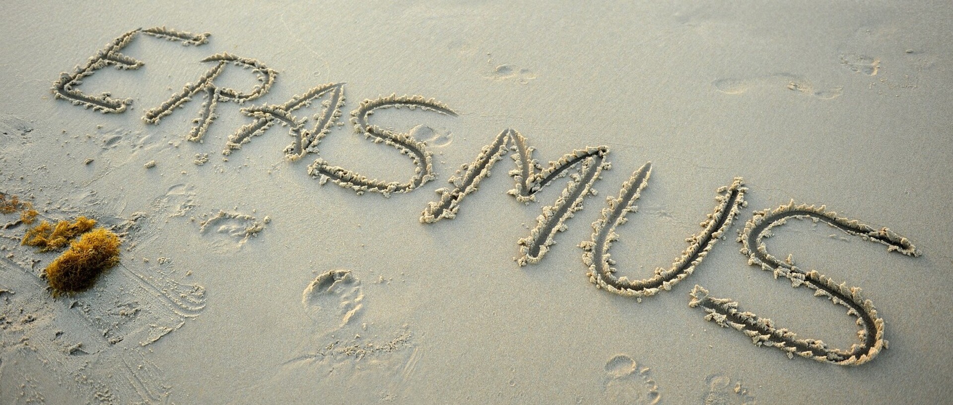 ‘ERASMUS’ written in the sand.