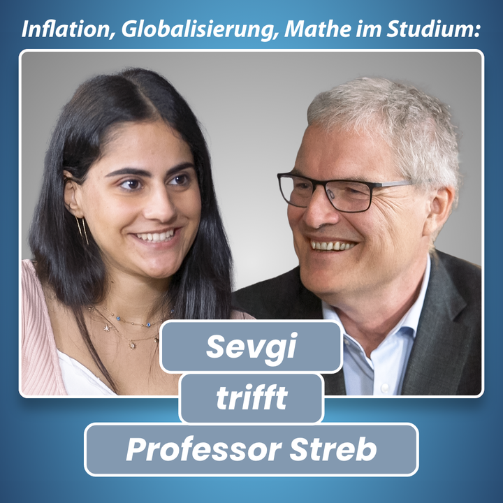 Das Bild zeigt links ein Portrait von Studentin Sevgi, rechts ein Portrait von Professor Streb, davor den Text "Sevgi trifft Professor Streb".