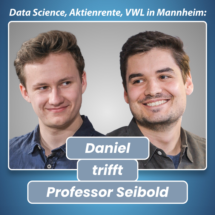 Das Bild zeigt links ein Portrait von Student Daniel, rechts ein Portrait von Professor Seibold, davor den Text "Daniel trifft Professor Seibold".