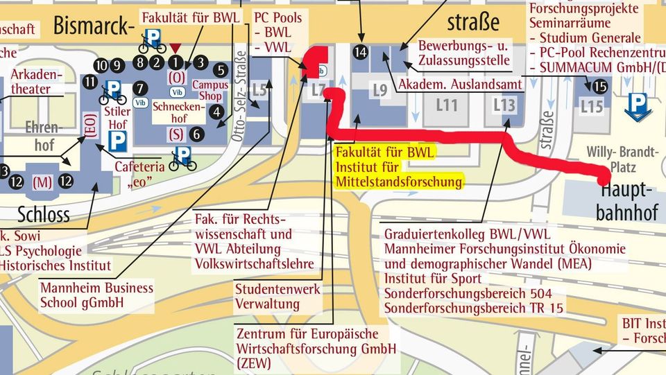 Map: The way from the main train station to the Economics buildingDer Weg vom Hauptbahnhof zum VWL-Gebäude