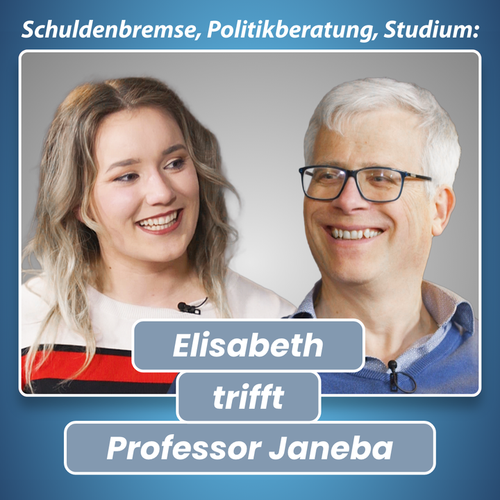 Das Bild zeigt links ein Portrait von Studentin Elisabeth, rechts ein Portrait von Professor Janeba, davor den Text "Elisabeth trifft Professor Janeba".